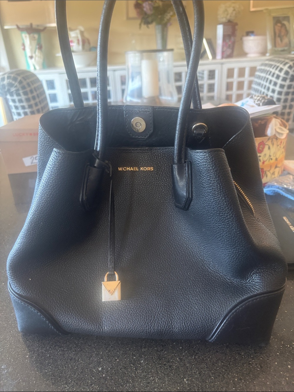 Michael Kors Black Pebbled Leather Satchel with Gold Accents